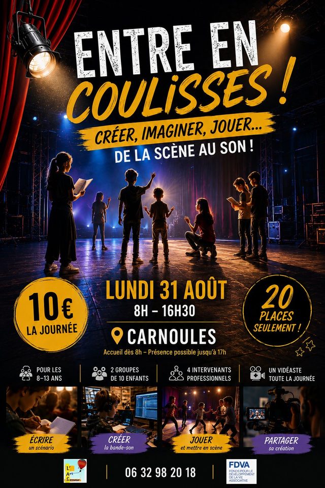Affiche de la journée Entre en coulisses le lundi 31 août à Carnoules, écrire, créer, jouer, partager